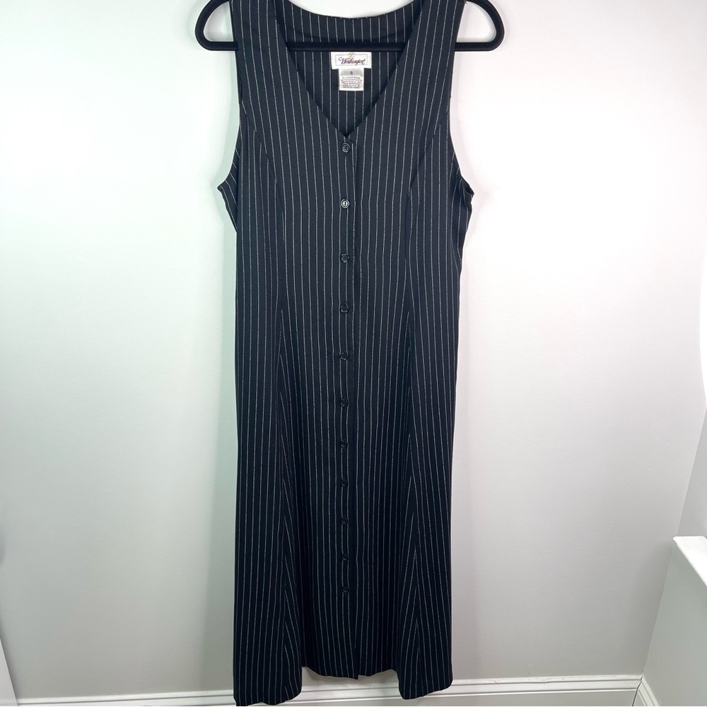 Vintage Worthington Black Pinstripe Sleeveless Jumper Maxi Dress Size 8